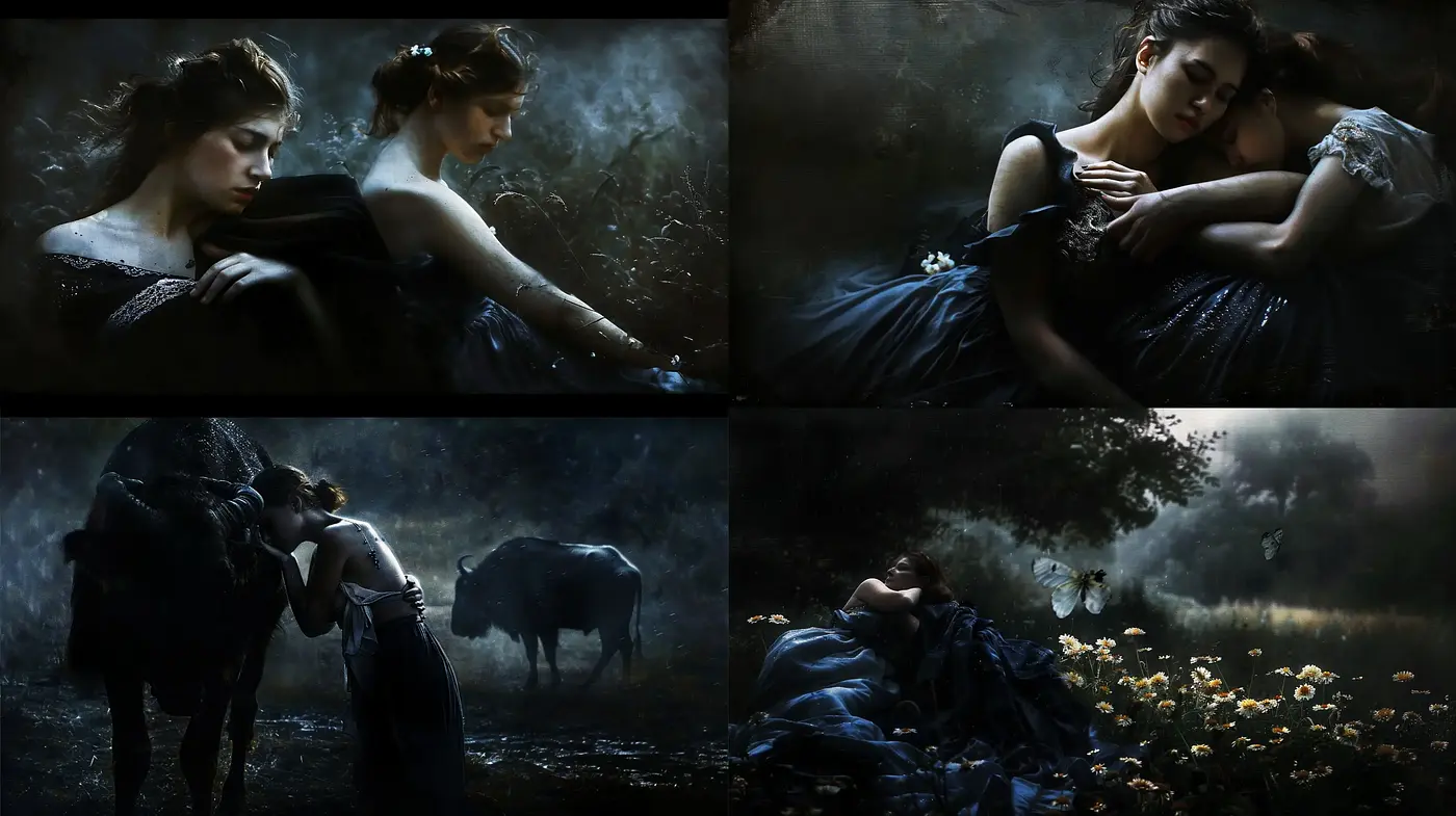 Nocturnal Elegance: A Dark Ethereal Dreamscape in Visual Artistry - Midjourney sref style
