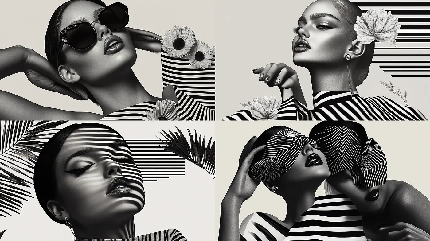 Monochromatic Elegance with Botanical Accents in Fashion Photography - Midjourney sref style