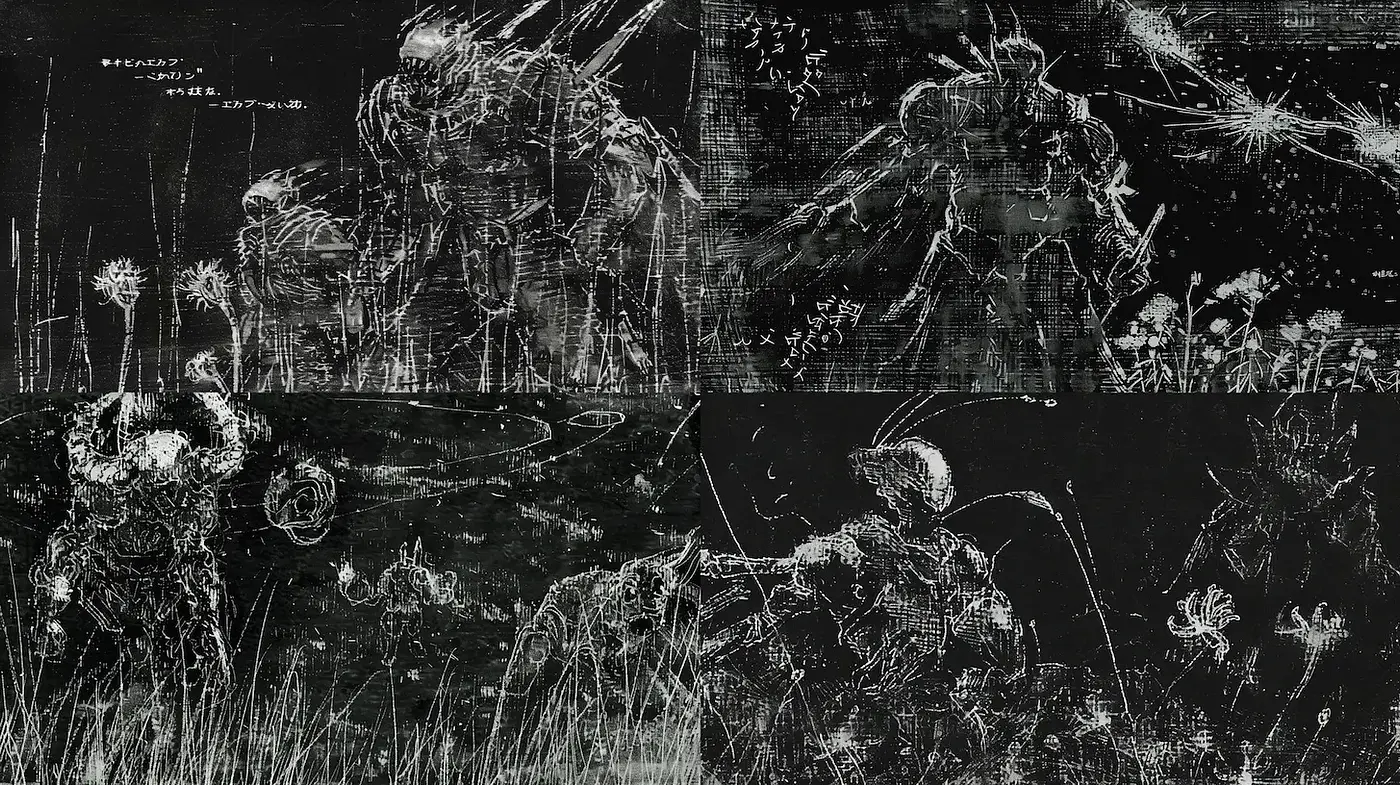 Dynamic and Textured Dark Illustration with Sci-Fi Elements - Midjourney sref style