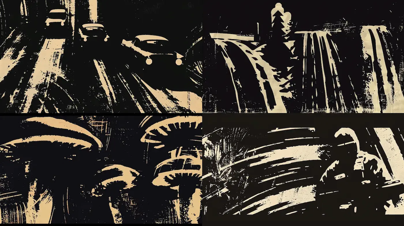 Abstract Expressionist Noir with Organic Elements - Midjourney sref style