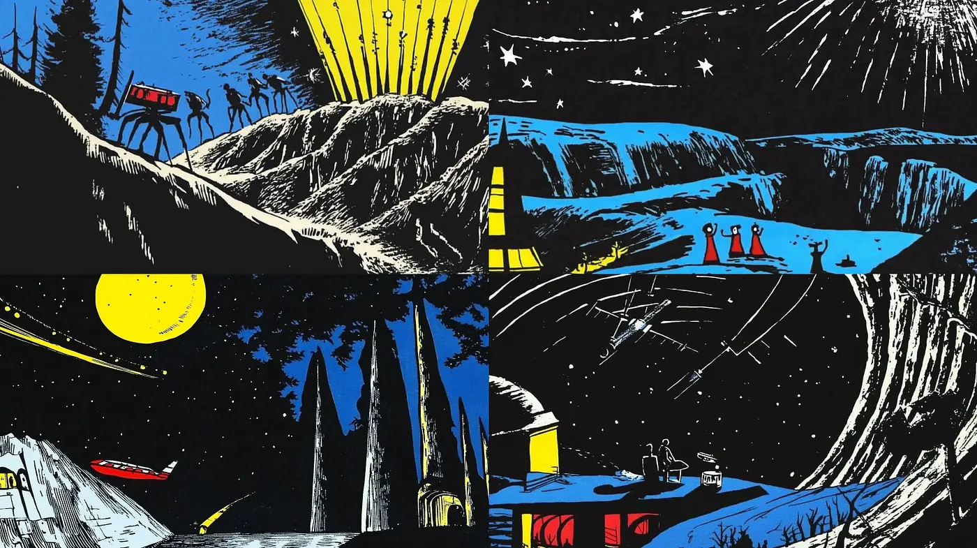 Midcentury Serigraphic Exploration in Starlit Environments - Midjourney sref style