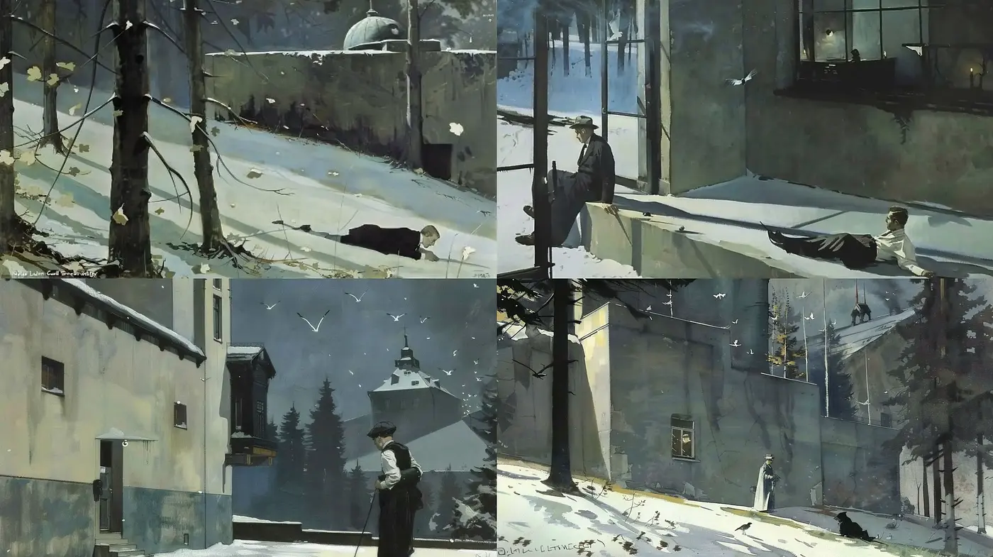 Snowy Solitude: Reflections of Serene Desolation in a Wintry Palette - Midjourney sref style