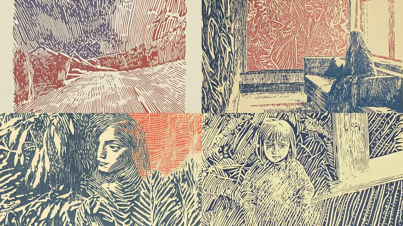 Textured Hues of Serenity: Woodcut-Inspired Visual Tapestry - Midjourney sref style