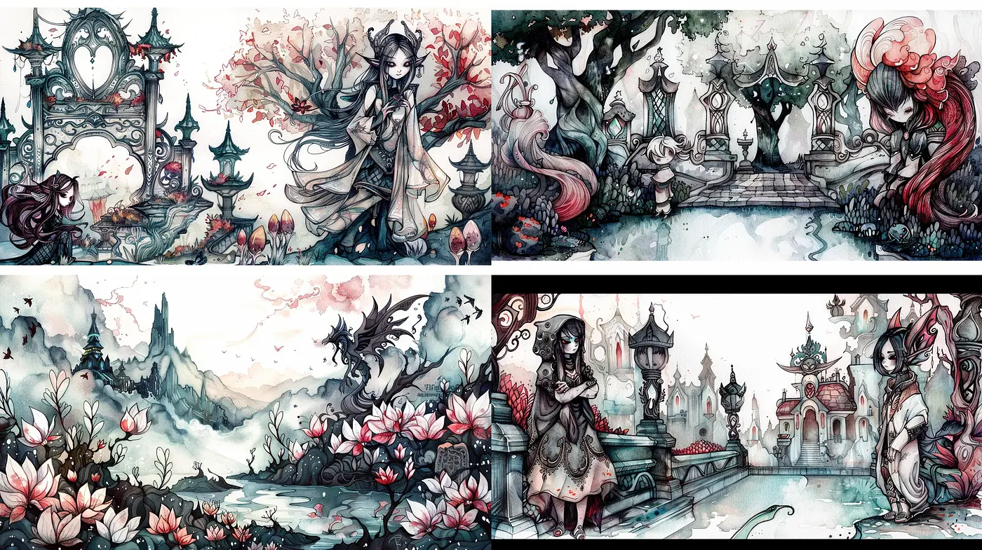 Ethereal Mythical Wonderland: A Consistent Fusion of Fantasy Art with a Watercolor Essence - Midjourney sref style