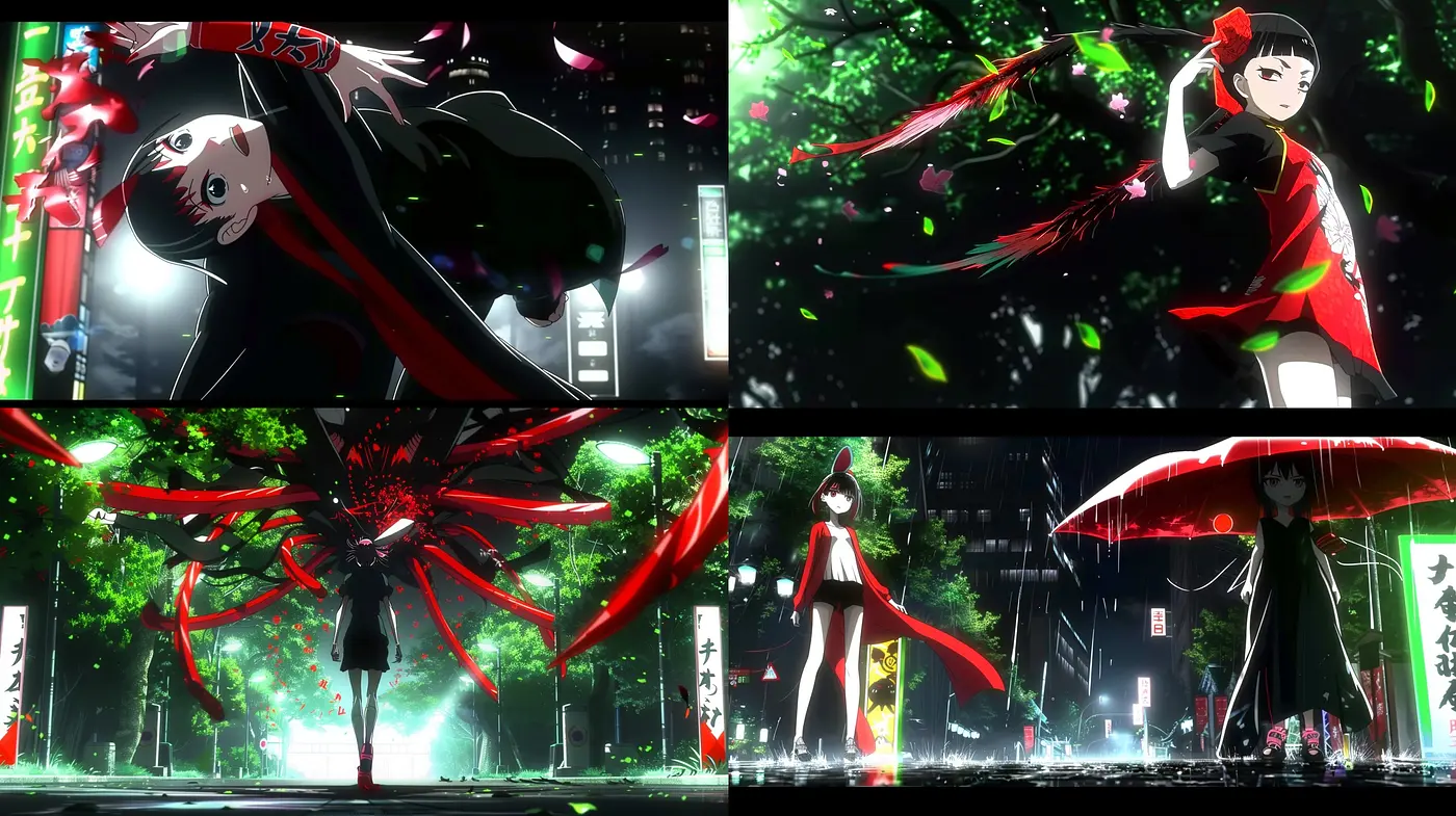 Nighttime Metropolis: A Fusion of Anime Elegance with Neon Noir Vibrance - Midjourney sref style