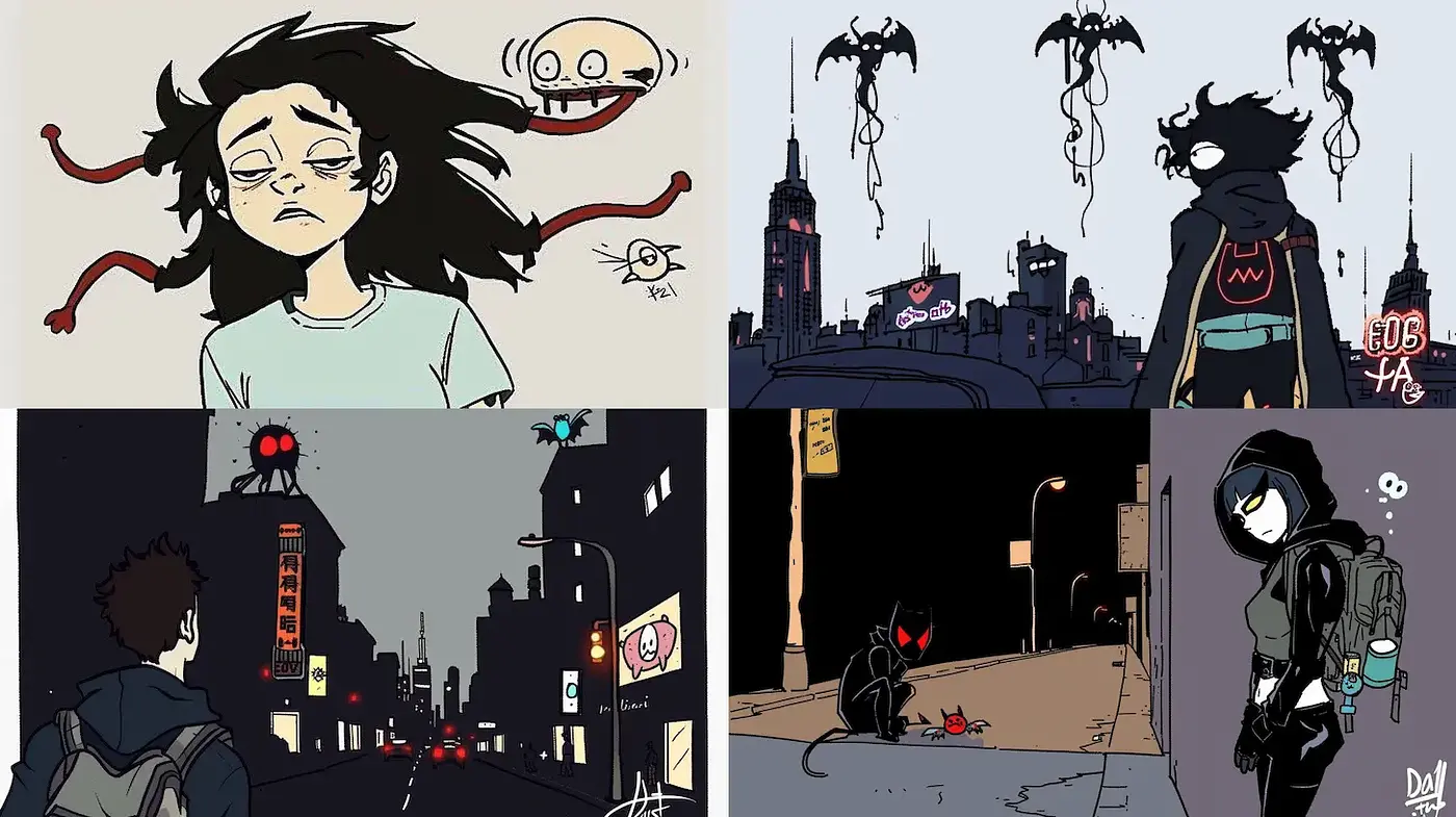 Dynamic and Gritty Urban Illustrations with a Surreal Twist - Midjourney sref style