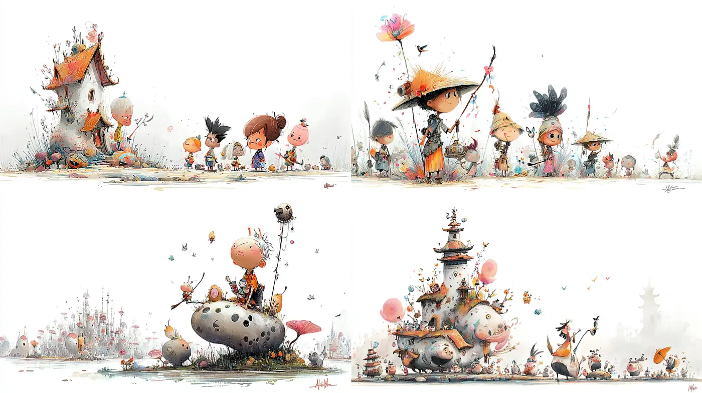Whimsical and Playful Illustrations with Dreamlike Elements - Midjourney sref style