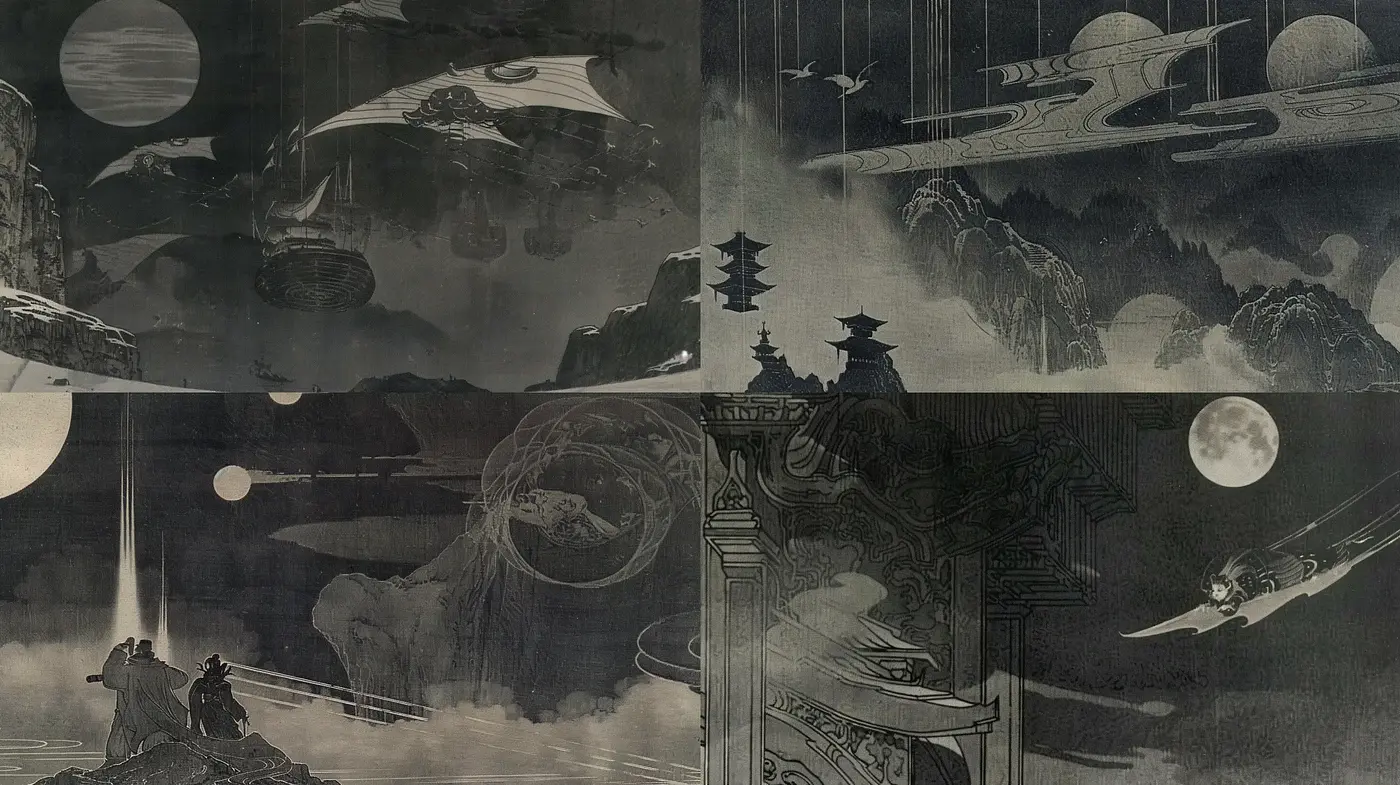 Ethereal Monochrome Dreamscape with Sci-Fi Echoes - Midjourney sref style