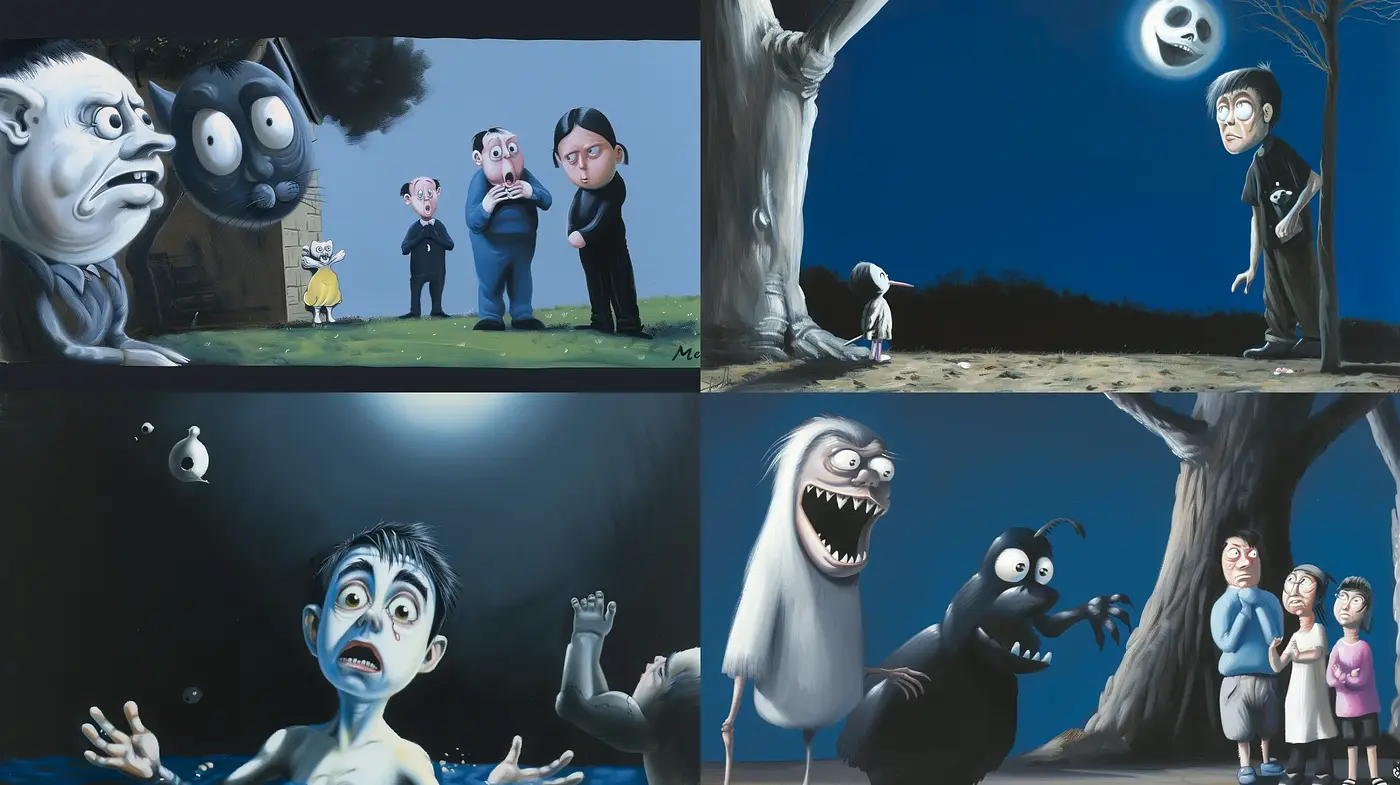 Eerie Nighttime Whimsy with Expressive Characters - Midjourney sref style