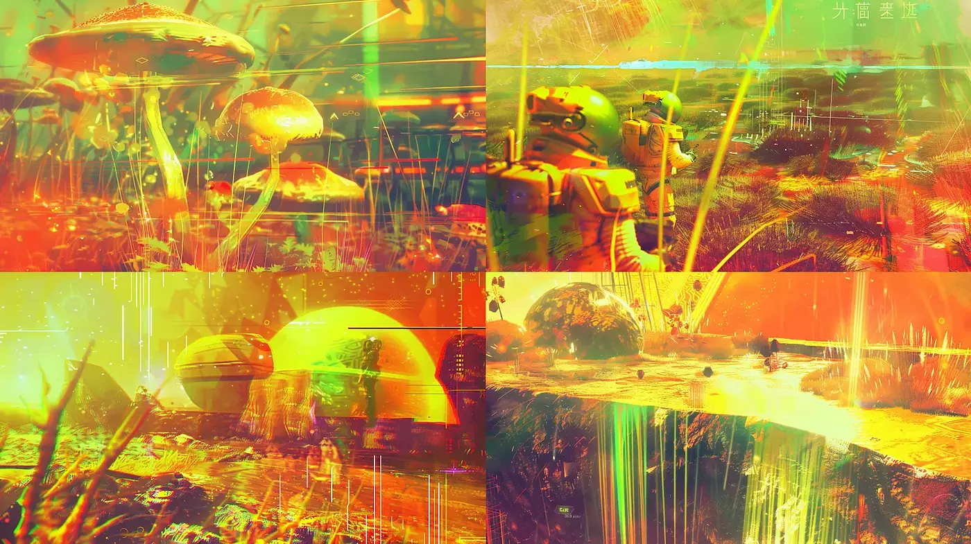 Vivid and Surreal Futuristic Landscapes with Retro Elements - Midjourney sref style