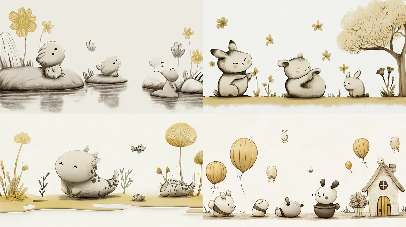 Serene Monochromatic Storybook Illustrations - Midjourney sref style
