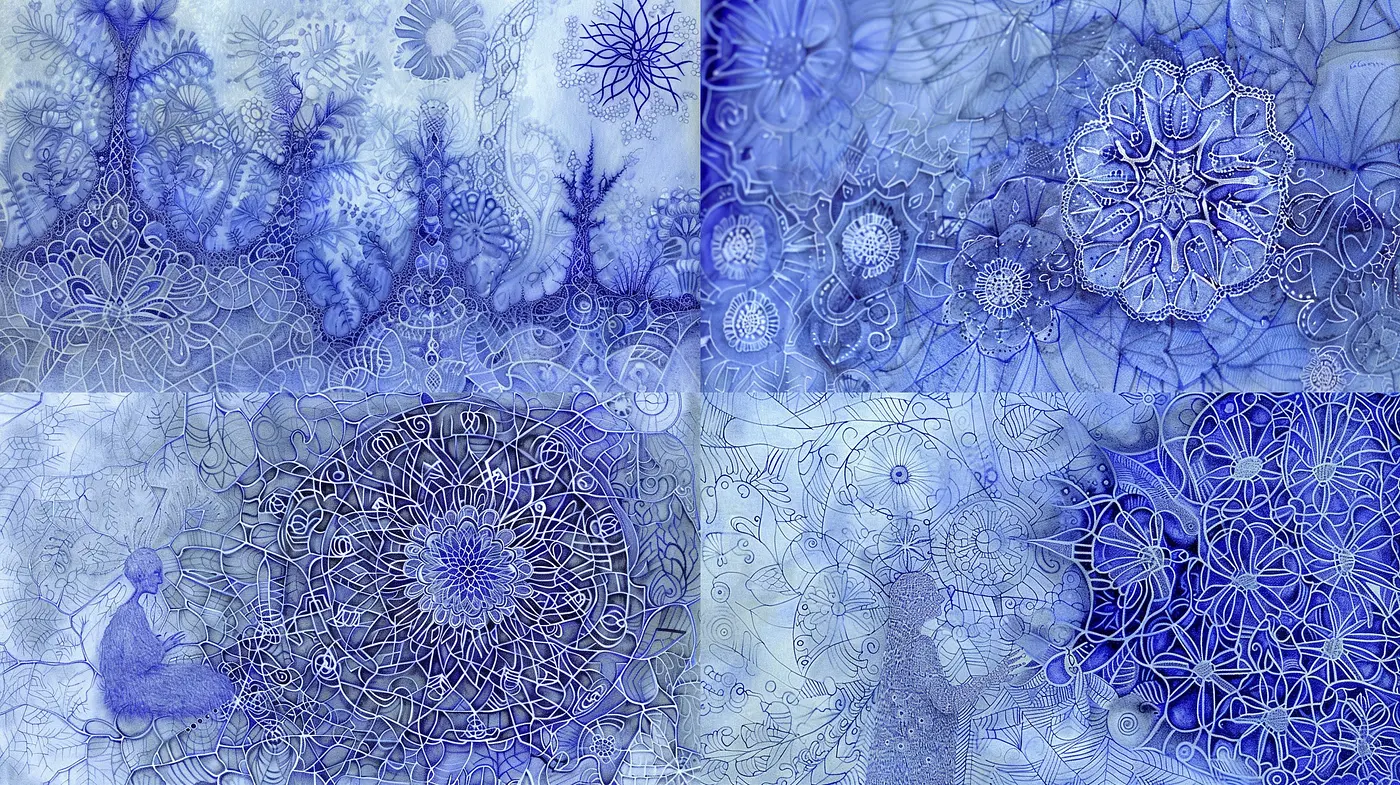 Symphony in Sapphire Hues: A Homage to Intricate Patterns and Ethereal Textures - Midjourney sref style