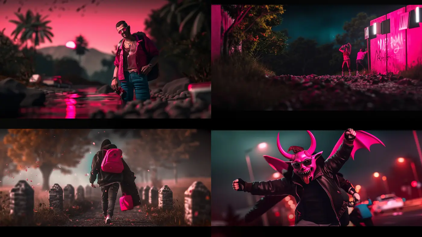 Cinematic Dusk: A Digital Tapestry of Surreal Narratives in Rose-Tinted Twilight - Midjourney sref style