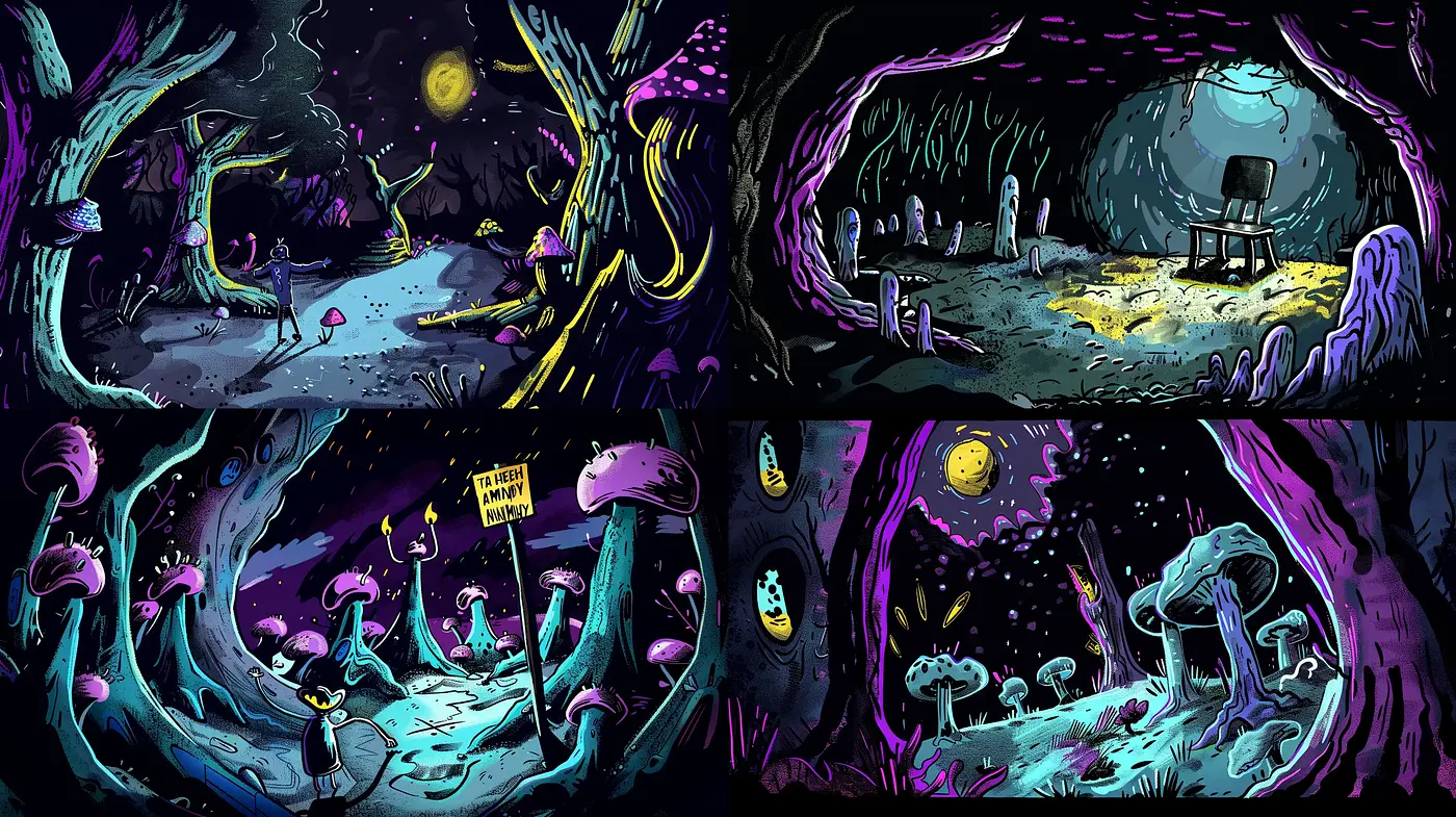 Mystical Nocturnal Landscapes with Lurid Contrasts - Midjourney sref style