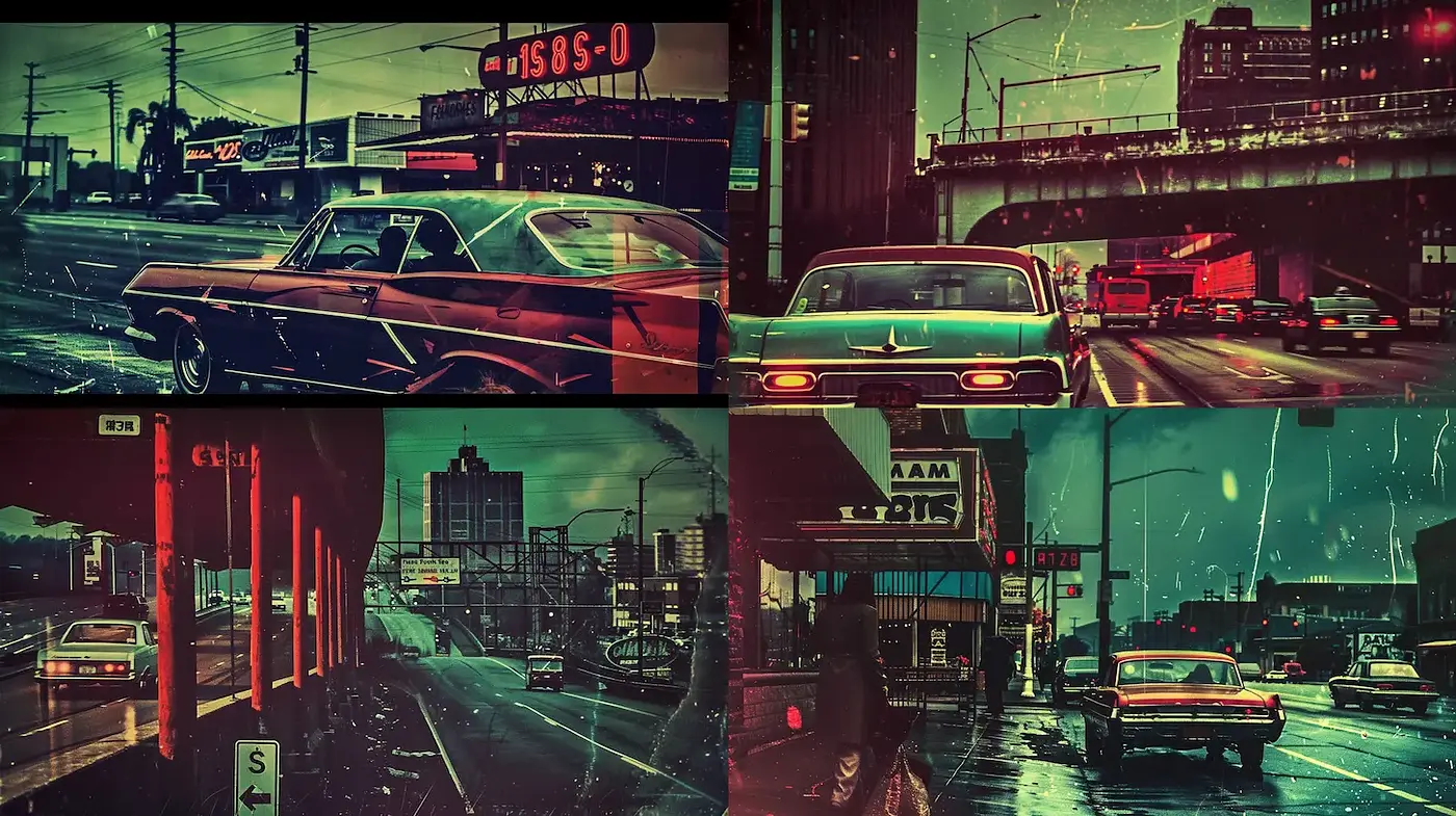 Exploration of Nostalgic Urban Landscapes in Retro Style Imagery - Midjourney sref style
