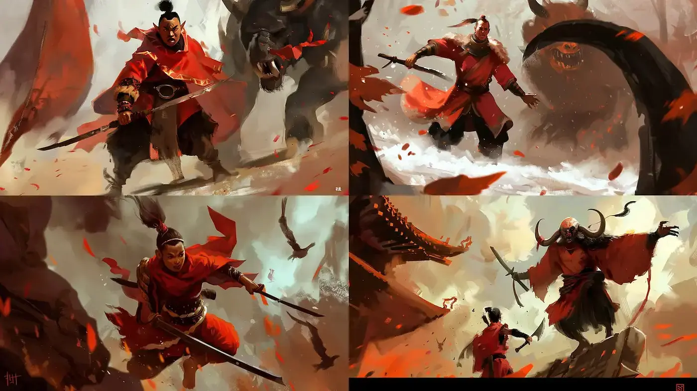 Epic and dynamic visual storytelling with a mythical flair - Midjourney sref style