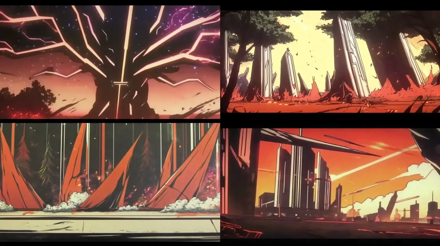 Sunset Hues and Sharp Silhouettes: A Fusion of Dystopian Futures and Retro Anime Aesthetics - Midjourney sref style