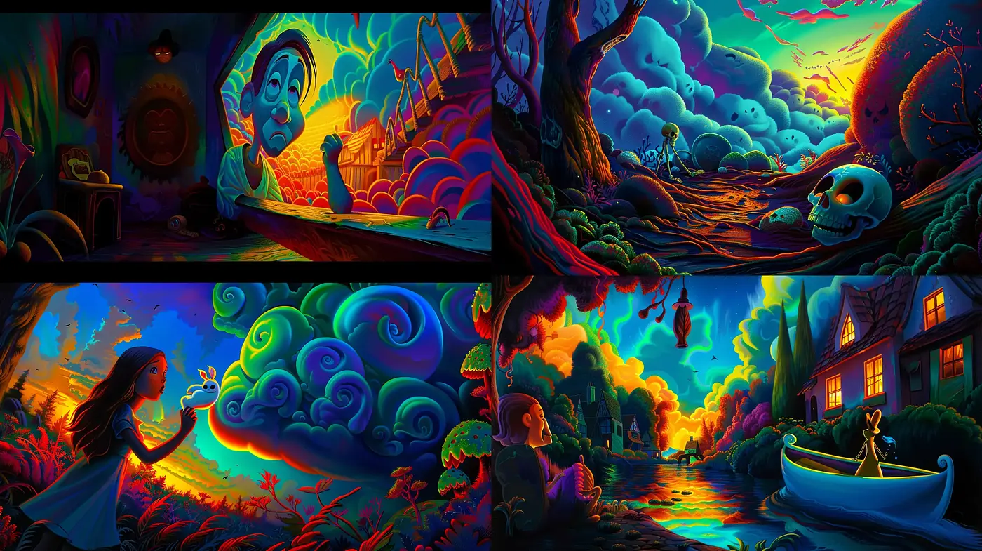 Vivid Dreamscape Fusion: A Synthesis of Surreal Imagery and Luminous Hues - Midjourney sref style