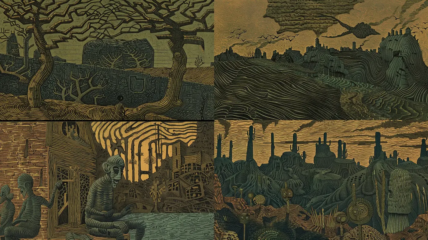 Woodcut Dreamscape: An Homage to Intricate Natural Textures - Midjourney sref style