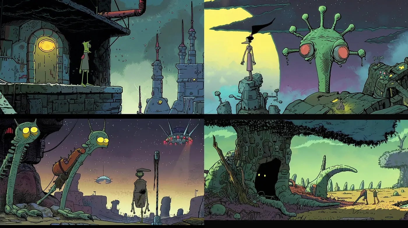Otherworldly Dusk: Consistent Sci-fi Visions with a Comic Book Essence - Midjourney sref style