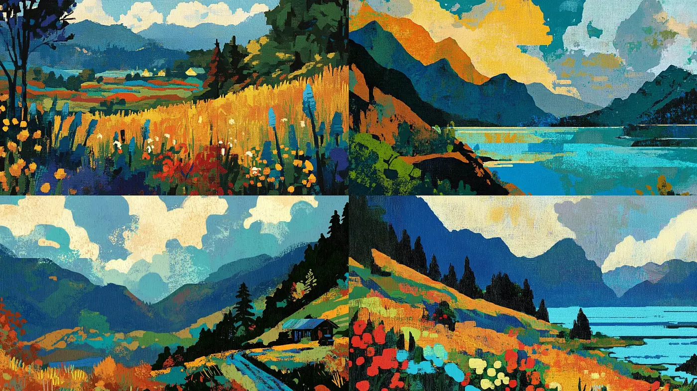 Vibrant Landscape Mosaic: A Harmonious Blend of Nature and Stylized Artistry - Midjourney sref style