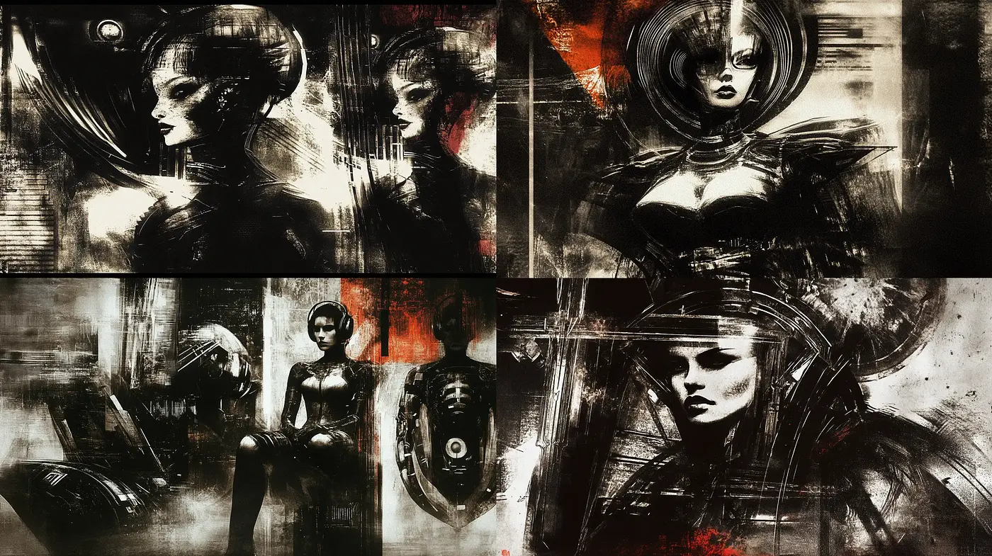 Shadowy Cybernetic Elegance: A Fusion of Gothic and Futuristic Artistry - Midjourney sref style