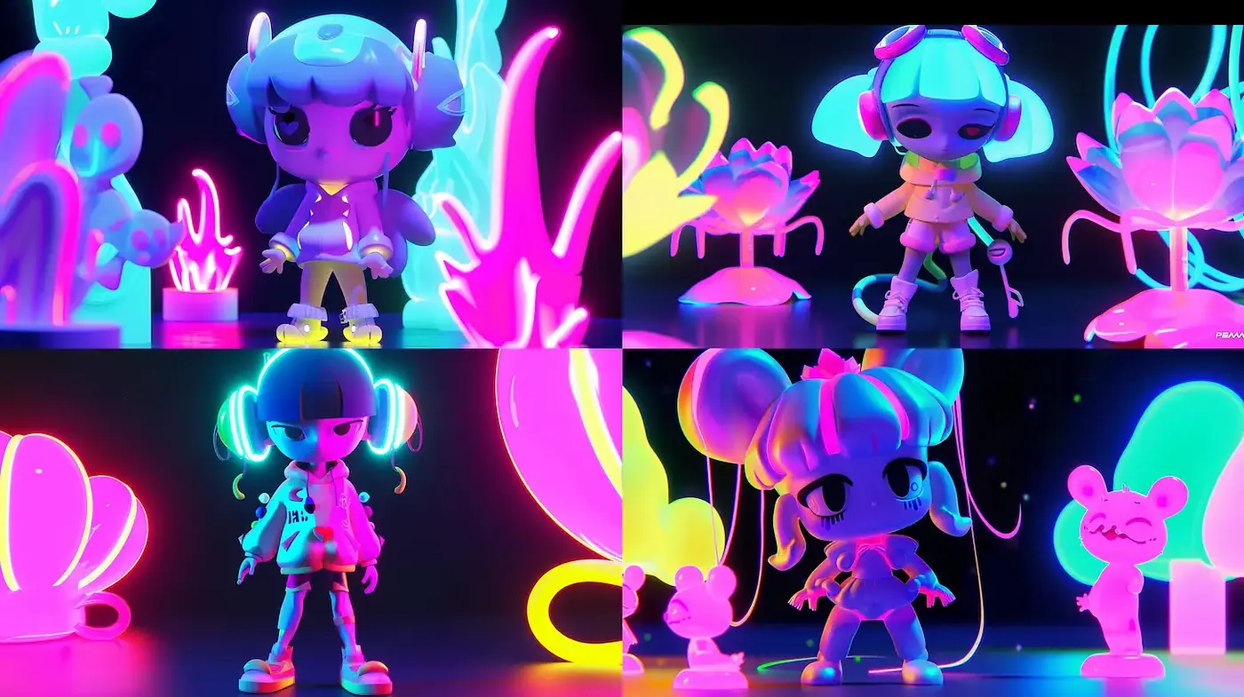 Vibrant and Playful Neon Character Design with Fantastical Elements - Midjourney sref style