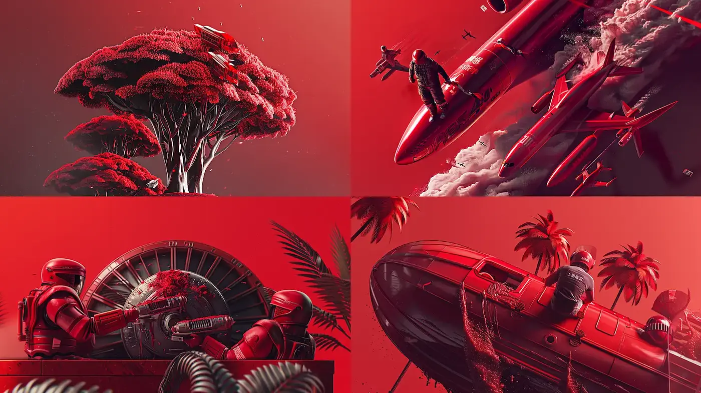 Dynamic and immersive visual experience with a bold red palette - Midjourney sref style