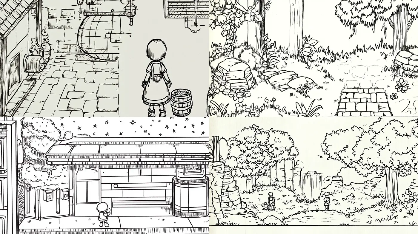 Consistent Hand-Drawn Monochrome Storyboard Vignettes - Midjourney sref style
