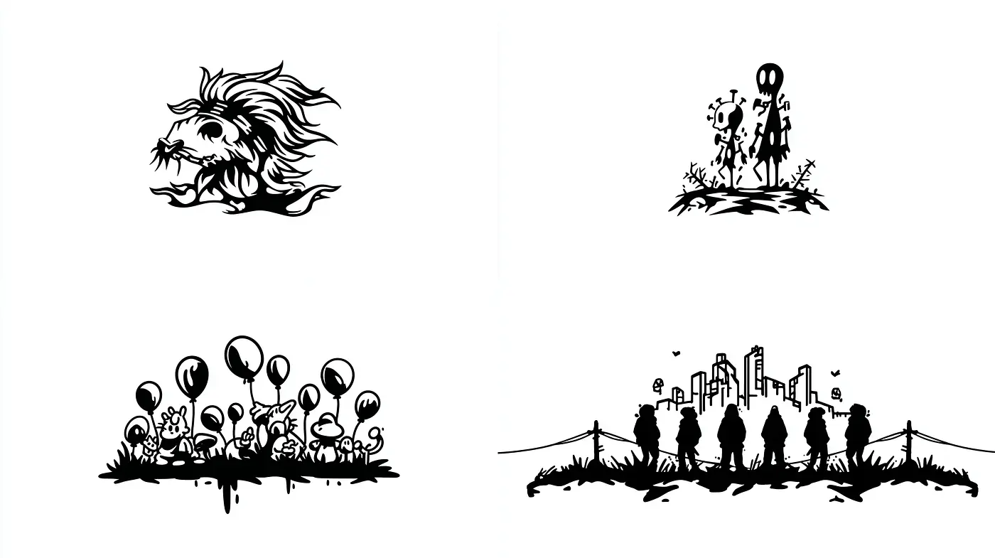 Diverse yet cohesive black and white illustrative style with strong thematic elements - Midjourney sref style