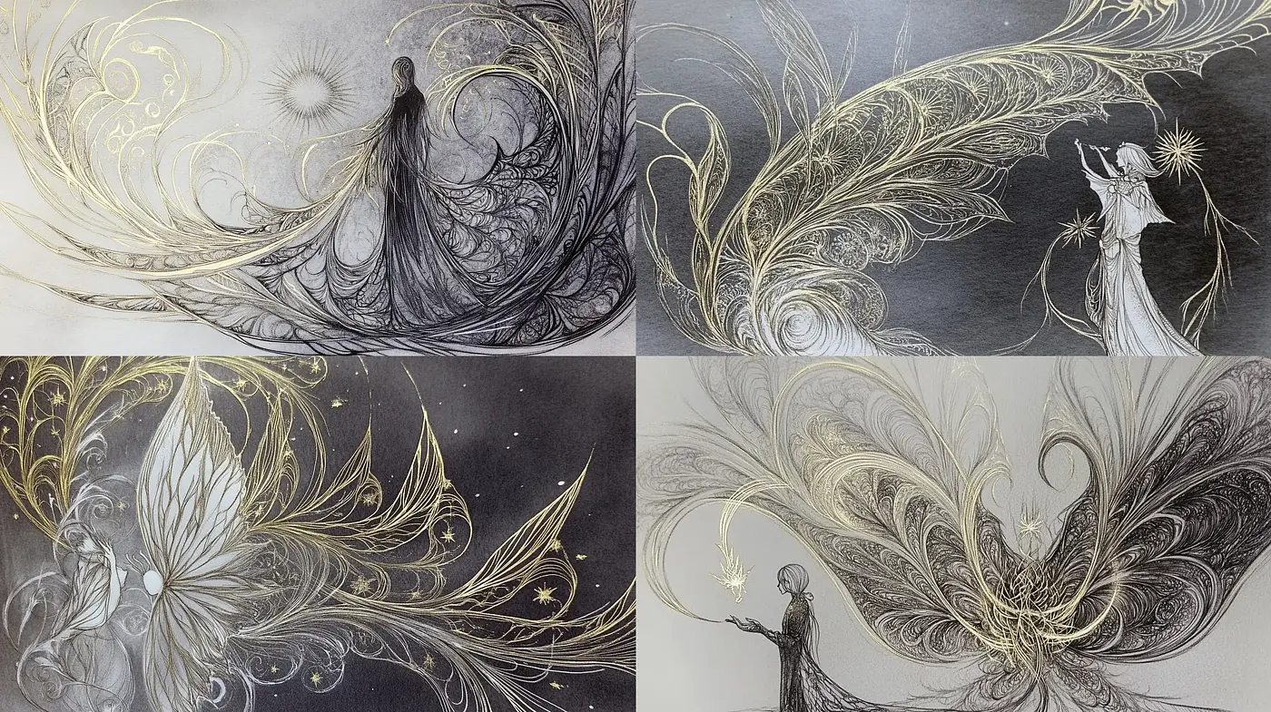 Ethereal Ornamental Swirls with Monochromatic Gold Accentuation - Midjourney sref style