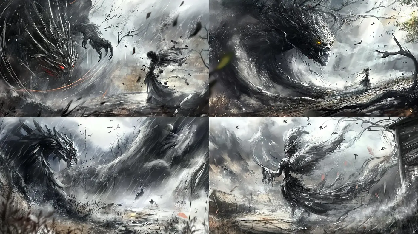Ethereal Storms and Beasts: A Fusion of Dark Fantasy and Expressive Brushwork - Midjourney sref style