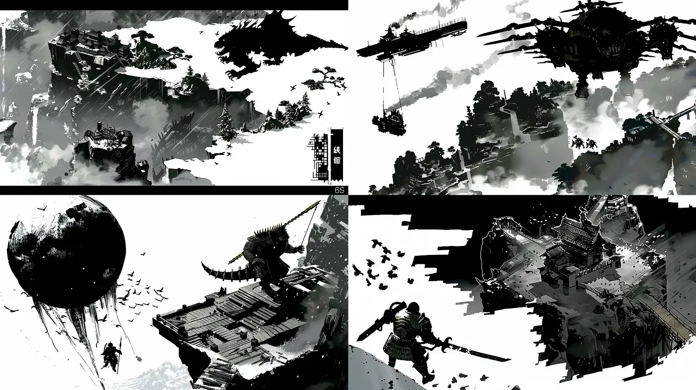 Monochromatic Dreamscape of Stylized Feudal Battles - Midjourney sref style