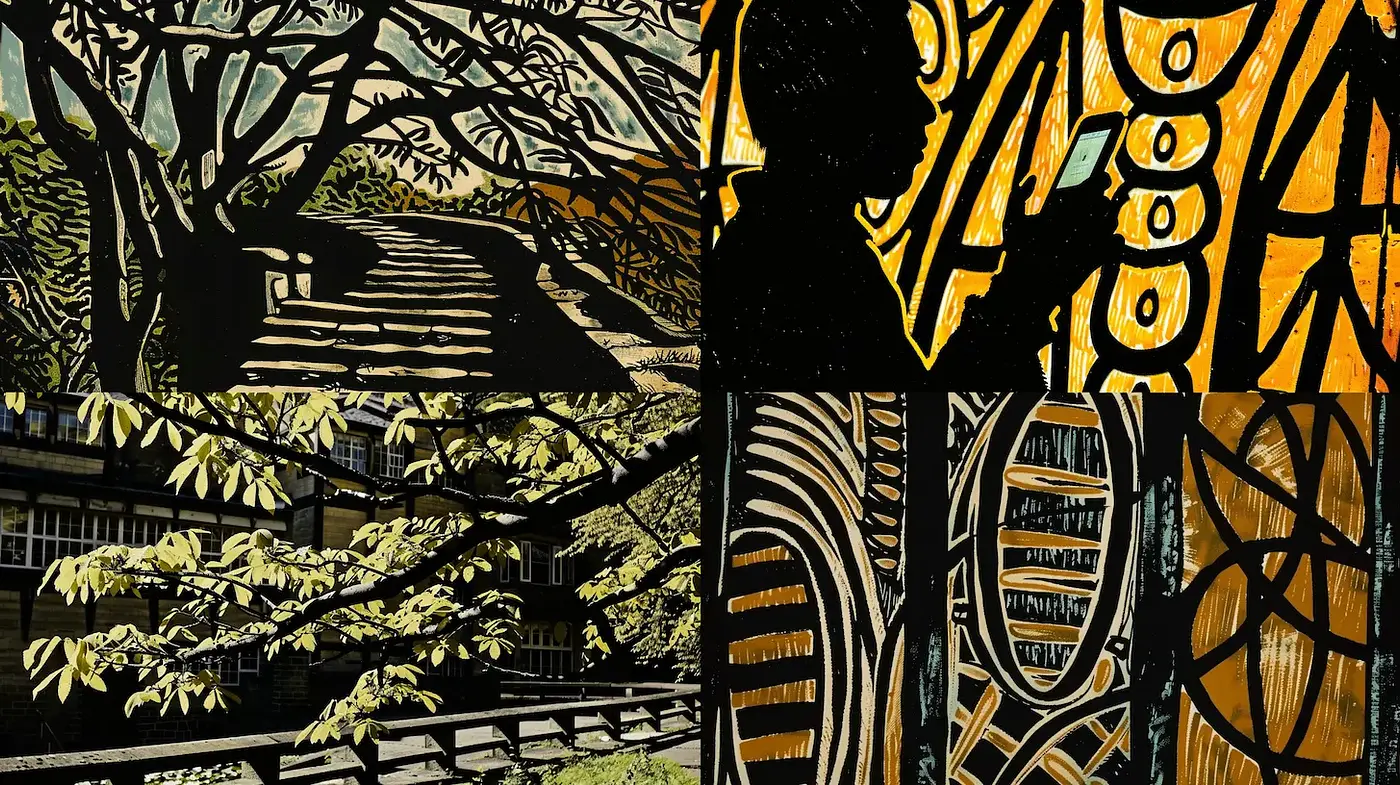 Lyrical woodcut-inspired illustrations with a modern twist - Midjourney sref style