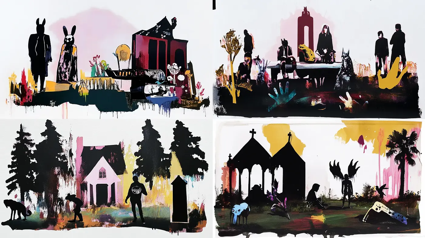 Abstract Silhouette Narratives in Vivid Brushstroke Montage - Midjourney sref style