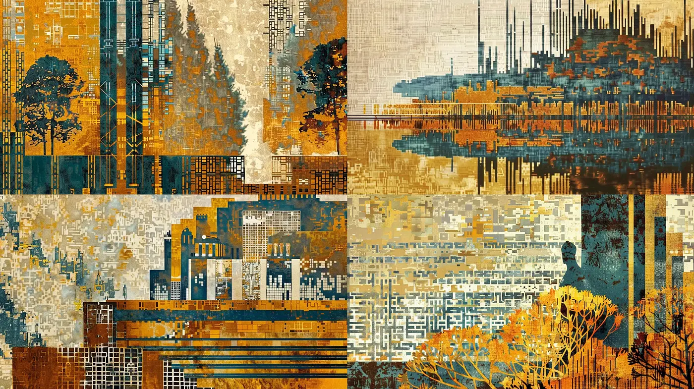 Abstract Geometric Serenity: An Exploration in Sepia and Blue - Midjourney sref style