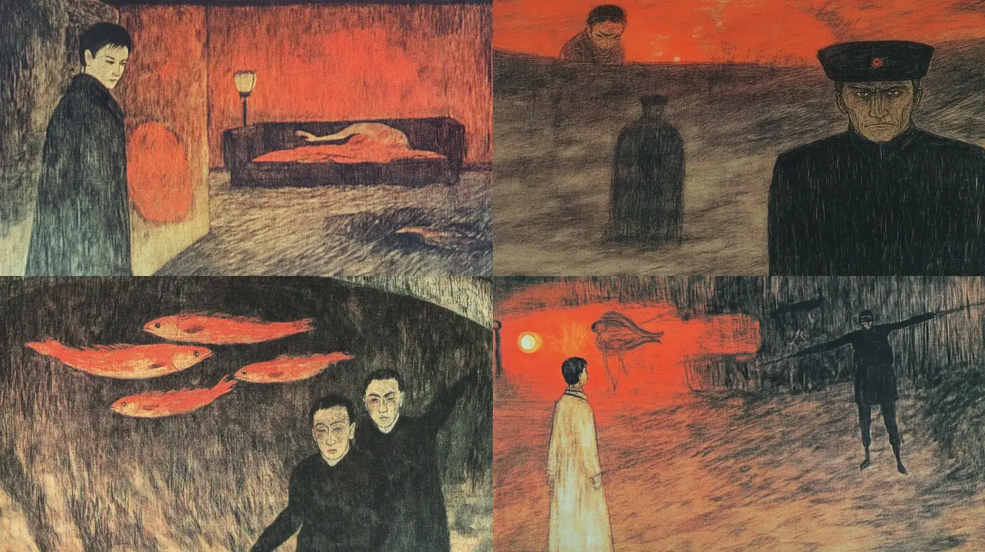 Abstract Noir Dreamscapes: Red-Toned Expressive Strokes - Midjourney sref style