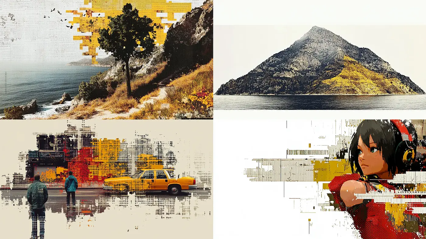 Fragmented Reality: A Composite of Pixels and Paint - Midjourney sref style