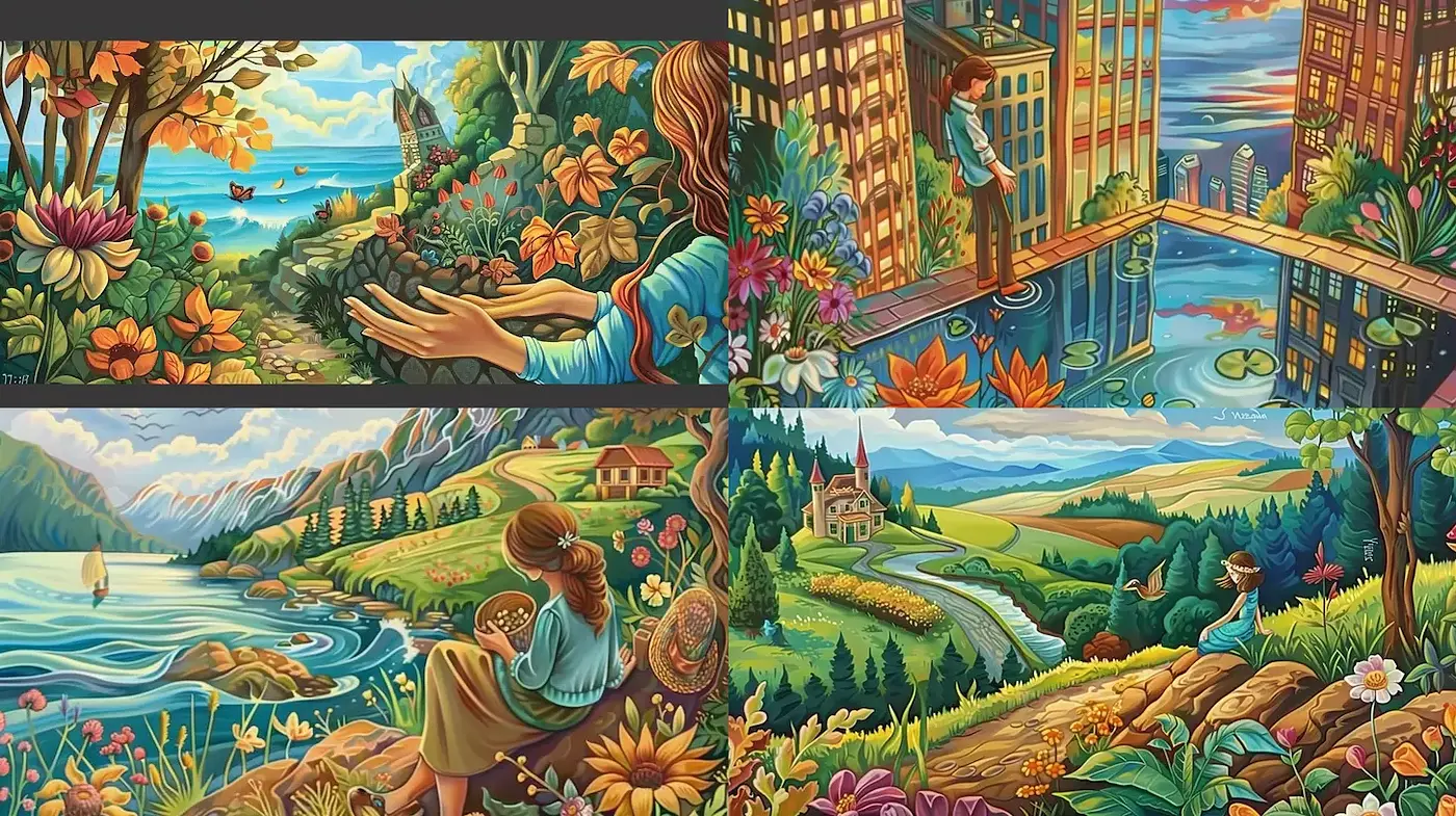 Vibrant and Whimsical Landscapes with Nature and Urban Harmony - Midjourney sref style
