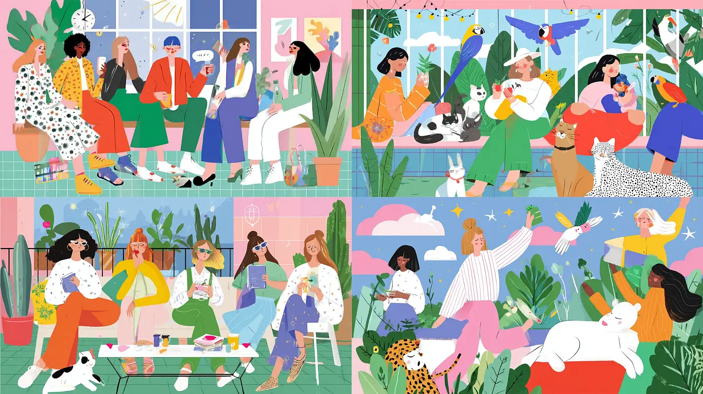 Vibrant and Whimsical Illustrative Vibes with Playful Interactions - Midjourney sref style