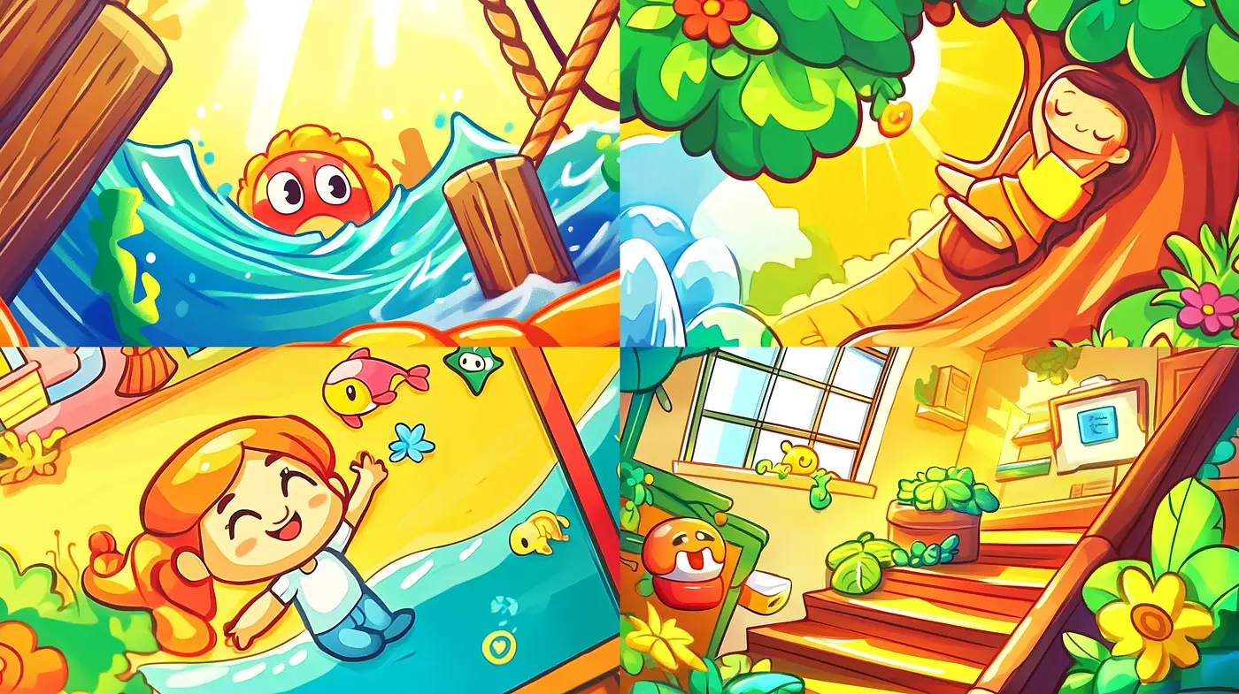 Sun-Drenched Cartoon Dreamscape: A Cheerful and Whimsical Illustration Style - Midjourney sref style