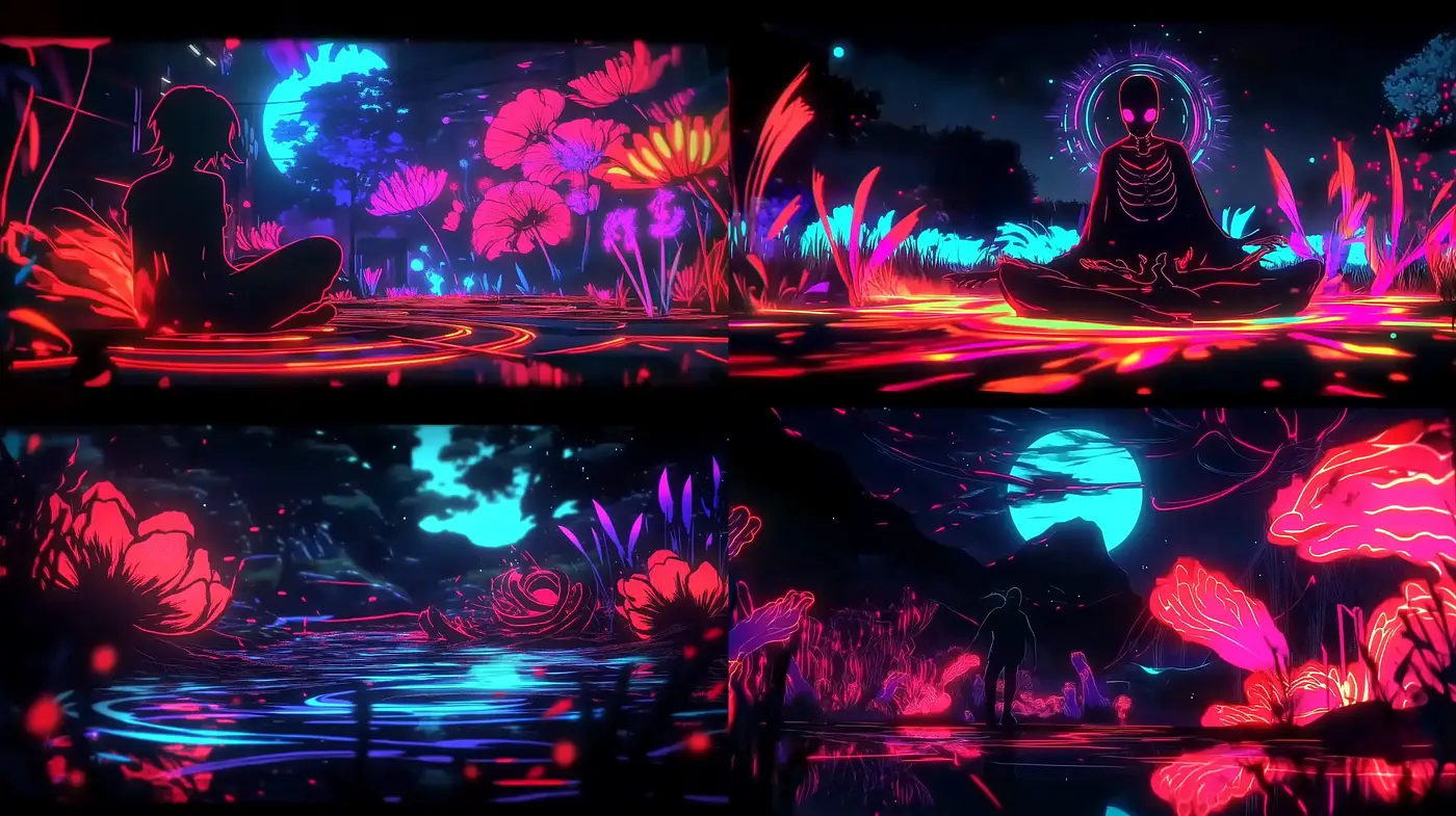 Neon Nature: A Luminescent Synthesis of Flora and Serenity - Midjourney sref style