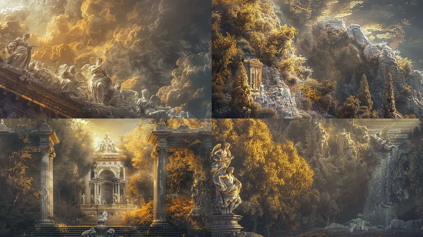 Golden Epoch: A Symphony of Baroque Radiance and Enchanted Nature - Midjourney sref style