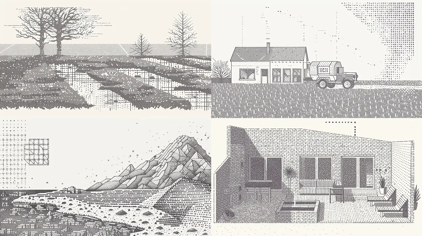 Monochrome Pointillism and Stippling Landscapes and Scenes - Midjourney sref style
