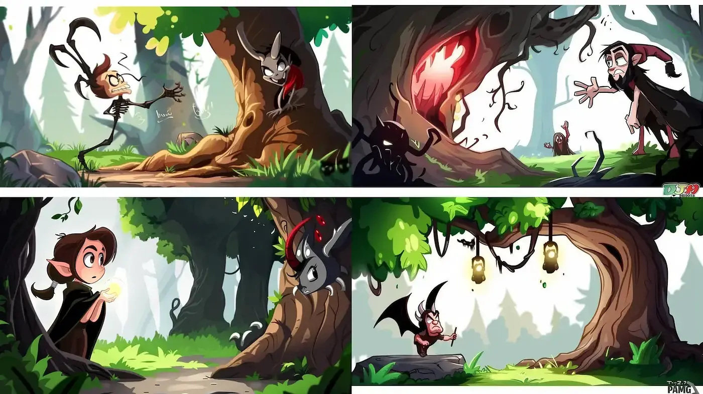 whimsical fantasy illustration with playful characters in a vibrant forest setting - Midjourney sref style