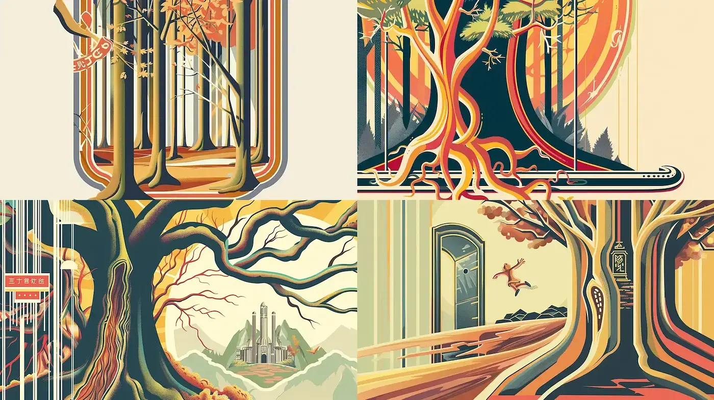 Whimsical Arboreal Dreamscapes in Warm Retro Hues - Midjourney sref style