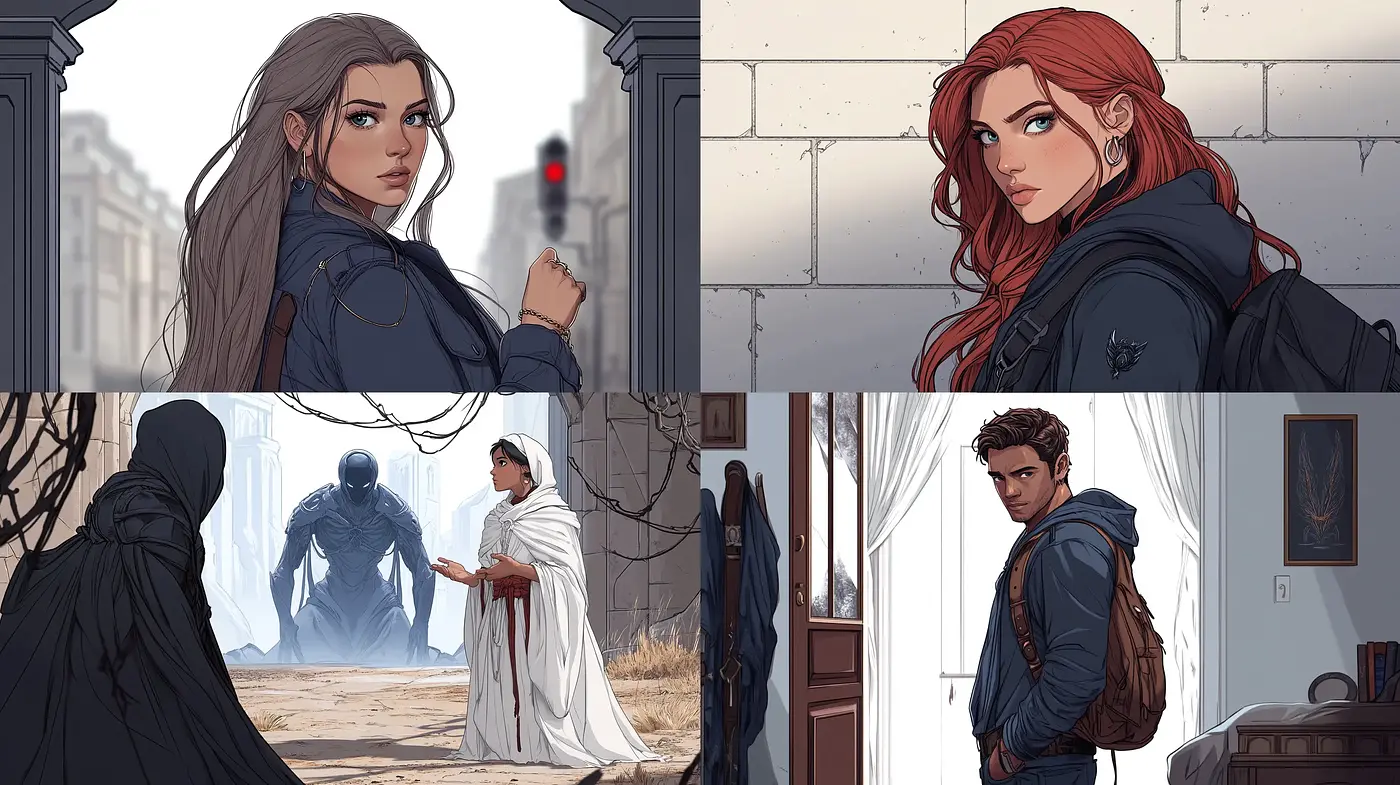 Consistent Cinematic Illustration Style with Dynamic Character Focus - Midjourney sref style