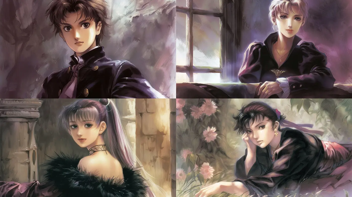 Consistent Elements of Nostalgic Elegance in a Painterly Anime-Inspired Tableau - Midjourney sref style