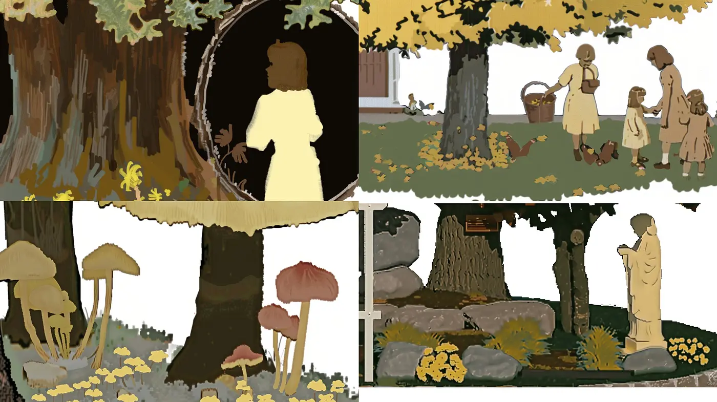 Muted Autumnal Hues in Stylized Storybook Illustrations - Midjourney sref style