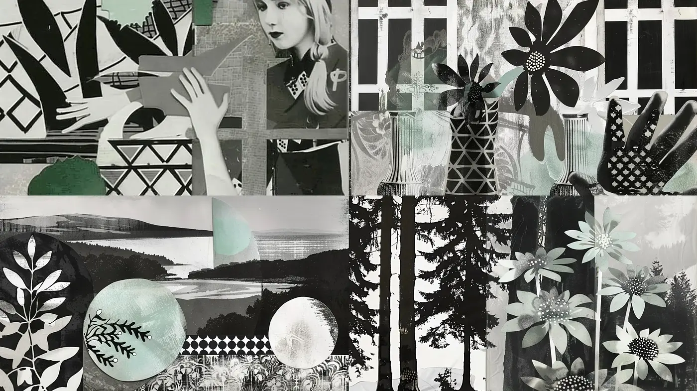 Monochromatic Collage of Natural and Geometric Dichotomy - Midjourney sref style